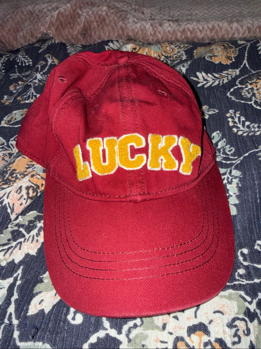 Lucky Brand Red Cap with Yellow 'LUCKY' Patch